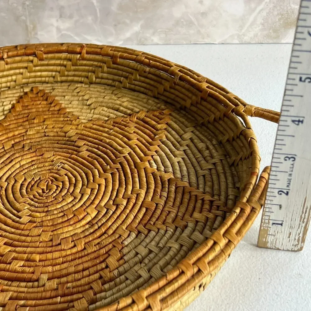 Set of 2 Round Coiled Woven Natural Baskets Double Handles Decor